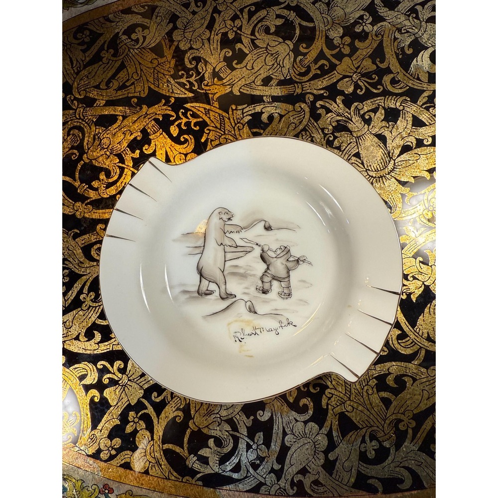 Vintage Robert Mayokok Inuit‎ Art Ashtray: Mid-Century Porcelain Bear Design